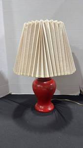 lot 1262 image: Table Lamp Red Base Pleated Cream Shade 20 inches tall