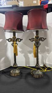 lot 1263 image: Pair of Table Lamps with Red Shades and ornate Bases 33 inches tall