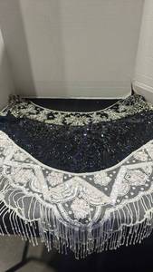 lot 1287 image: Ornate beaded and mesh shoulder shawl or collar with sequins and fringe