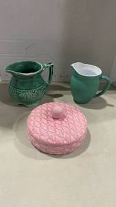 lot 2006 image: Green pitchers and covered pink dish