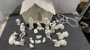 lot 2037 image: Nativity set, white porcelain lighted stable and figurines