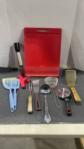 lot 2066 image: Fridge organizer, cutting board and assorted utensils with fancy flashlight