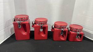 lot 2330 image: Red Ceramic Canister Set 4-Piece with Locking Lids and Handles