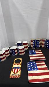 lot 2331 image: Patriotic Americana Tableware Lot Mugs, Glasses, Door Hanger and more