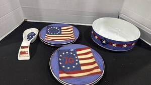 lot 2332 image: American Flag Plates, serving Bowl and Spoon rest
