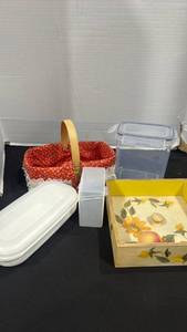 lot 2346 image: Storage Containers Lot Plastic Bins, Fabric Basket, Wooden Tray with Yellow Trim
