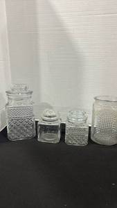 lot 2366 image: Vintage clear glass storage jars one does not have a lid