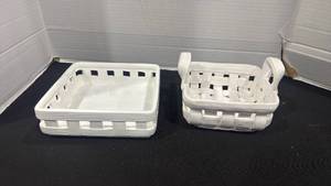 lot 2367 image: White ceramic basket featuring a classic woven lattice design and upright handles and ceramic napkin holder