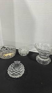 lot 2371 image: Glass serving bowl, small dish, pedestal bowl and pineapple shaped candy dish