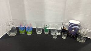 lot 2386 image: Mixed Glass Lot Drinking Glasses Jars and  Redeemers Grace Church Cups