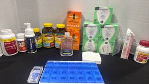 lot 2400 image: Vitamins & Supplements Lot One A Day Petite Multi, Fish Oil, Hand Sanitizer, Summers Eve, Pill Organizer