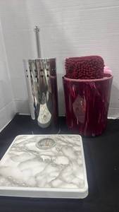 lot 2405 image: Bathroom Accessory Set Toilet plunger Holder Scale Waste Bin and more