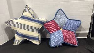 lot 2421 image: Star-Shaped Decorative Pillows 2-Piece Lot Blue Red Striped Patchwork