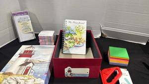 lot 2453 image: Crafts Lot with Prayer Journal, Storage Box, Colored sticky notes, note pads and more