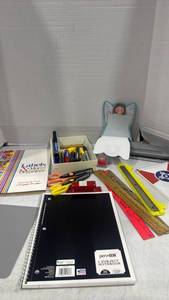 lot 2455 image: Office Supply Lot, Fiskars edger pens,  Pen Gear Notebook, Rulers, Markers, Organizer