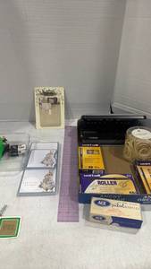 lot 2457 image: Office Supplies Lot Notepads Pens Staples Tape Dispenser Clips