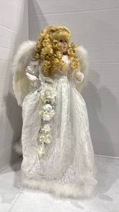 lot 2473 image: Porcelain Angel Doll White Dress Golden Curled Hair with Wings tree topper 25 inches tall