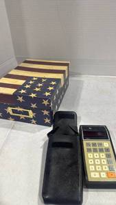 lot 2474 image: Vintage Texas Instruments SR 10 calculator with case no cord and decorative storage box