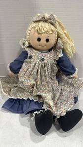 lot 2480 image: Cloth Doll with Blonde Hair Blue Dress Lace Trim