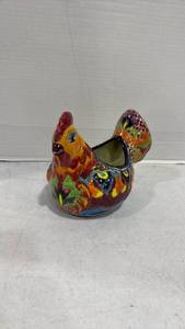 lot 2509 image: colorful, hand-painted Mexican Talavera ceramic chicken or hen planter 6 inches tall