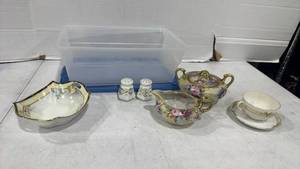lot 2515 image: Hand painted Nippon creamer and sugar bowl, tea cup and saucer and more with sterilite container