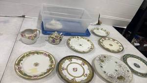 lot 2516 image: Hand painted Nippon plates, jam jar, creamer with Sterilite container