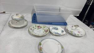 lot 2518 image: Hand painted Nippon center-handle dish, saucers and more with Sterilite container