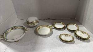 lot 2525 image: Hand painted Nippon footed shallow bowl with handle, small trinket dishes and more