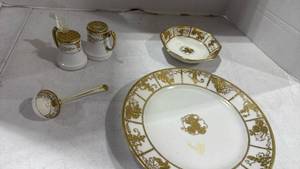 lot 2526 image: Hand Painted Nippon gold leaf Beaded Enameled, berry bowl, spoon and salt and pepper shakers