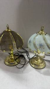 lot 2530 image: Brass touch table lamps with glass floral shades 12 inches tall one needs new screw for glass