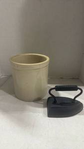 lot 2531 image: Vintage sad iron and stoneware crock