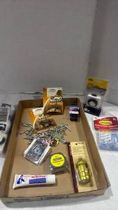 lot 2554 image: Hardware & Tools Lot Screws, Level, Tape Measure, Timer, Hooks, Socket