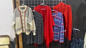 lot 2612 image: Ladies cardigans and shawl, wool sweater on left size M, others L-XL