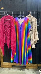 lot 2617 image: Ladies crocheted shawls and fun rainbow dress