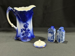 Flow blue porcelain pitcher and salt and pepper shakers with an extra lid