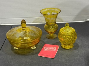 Egermann vintage yellow cut-to-clear glass covered candy dish with a grapevine pattern, vase and pressed glass lidded jar tallest is 6.5 inches
