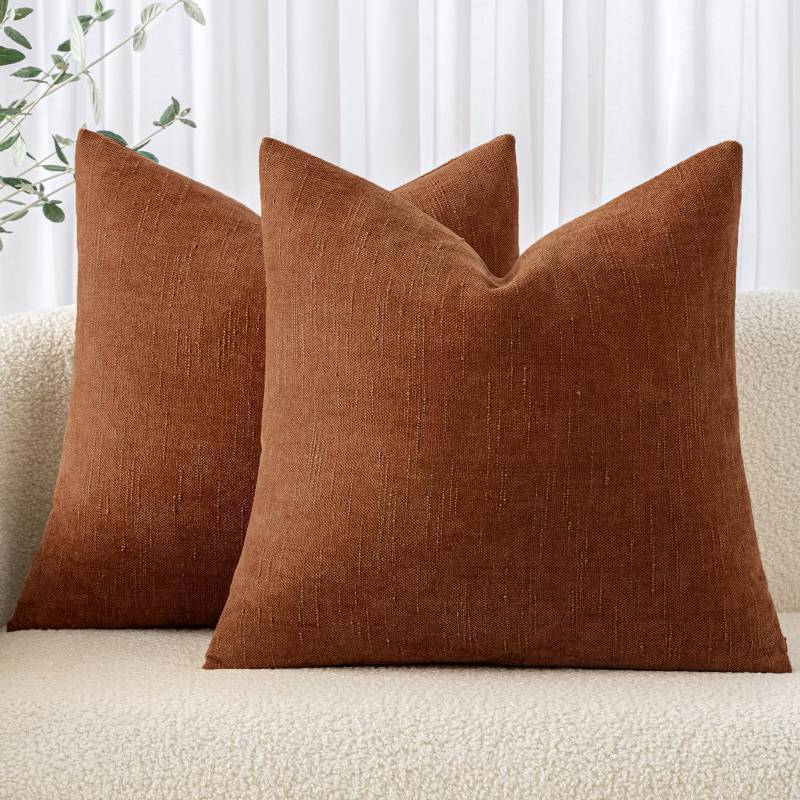 lot 1042 image: MIULEE Pack of 2 Decorative Throw Pillow Covers Soft Chenille Throw Pillows Solid Textured Fall Cushion Covers for Couch Sofa Bedroom Living Room 24x24 Inch, Dark Rust Retail $28.79