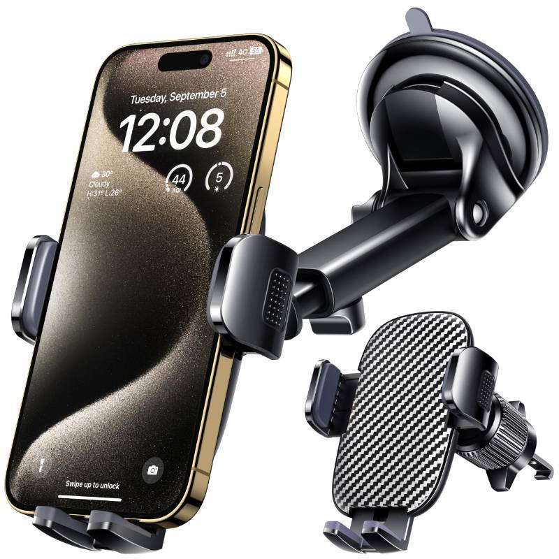 lot 1051 image: Qifutan Car Phone Holder Mount Phone Mount for Car Windshield Dashboard Air Vent Universal Hands Free Automobile Cell Phone Holder Fit for iPhone Smartphone Carbon Fiber Retail $14.99