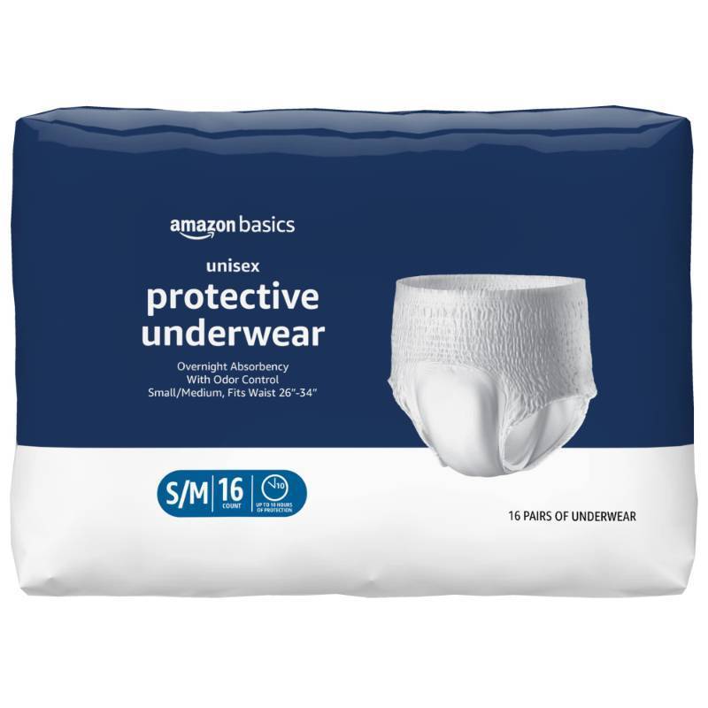 lot 1077 image: Amazon Basics Unisex Protective Underwear, Overnight Absorbency, SmallMedium, 16 Count, (1 Pack of 16) Retail $16.74