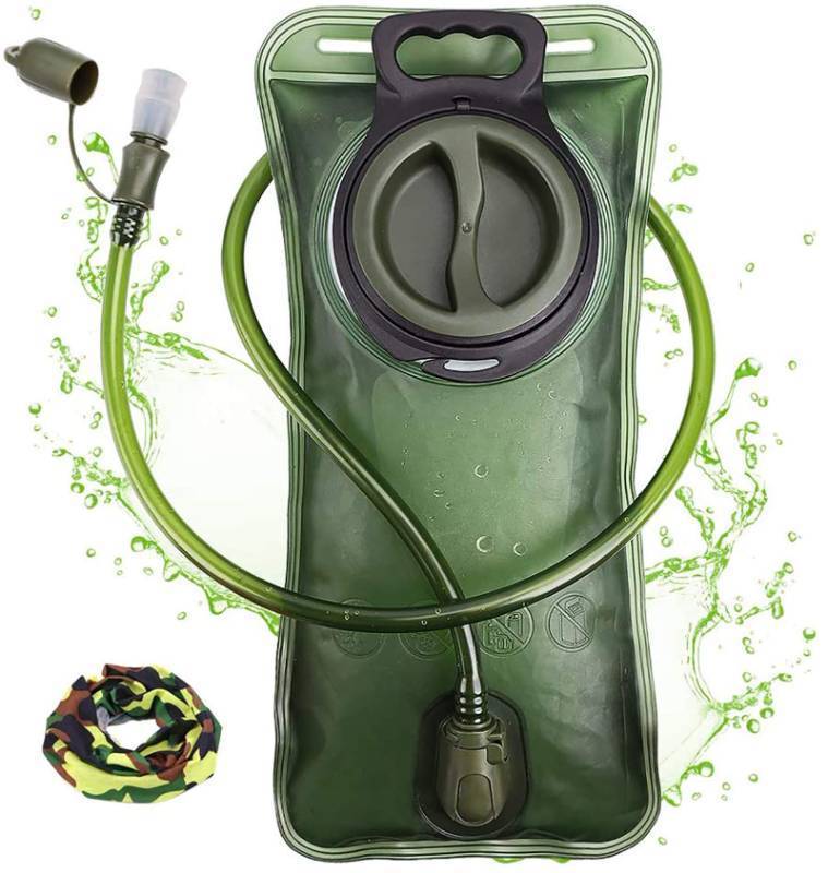 lot 1064 image: Hydration Bladder, 2L Water Bladder for Hiking Backpack Leak Proof Water Reservoir Storage Bag, 2 Liter BPA-Free Water Pouch Hydration Pack Replacement for Camping Cycling Running, Military Green Retail $13.99