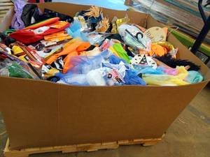 lot 23 image: Halloween Pallet with HUGE Resale Value 52 x 44 x 26 with hundreds of items, toddler up to adult full costumes, costume accessories, pet costumes and or gear, indoor  outdoor decor  - Retail $2,000