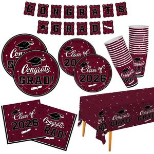 lot 1040 image: Graduation decorations Maroon Congrats Grad Party Dinnerware Set Disposable Paper Plates Napkins Cups Tablecloth Banner for Congrats Graduation Decorations deals, Serve 25 - Retail $22