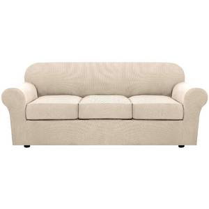 lot 1049 image: Handy Living 4 Piece Stretch Couch Covers for 3 Cushion Couch Sofa Furniture Slipcovers Feature Upgraded Thicker Jacquard Fabric (Sofa, Natural) - Retail $39