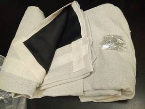 lot 1058 image: Linen Blackout Curtains for Track System, 90 Inch Warm Beige Ripple Fold Curtains, Mid Century Modern MCM Curtains for Bedroom Living Room 2 Panels Set - Retail $47