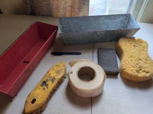 lot 118 image: Mixed Lot Metal Trays Scrub Brush Sanding Block Sponge Roll Tape 6 Pieces