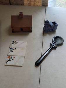 lot 135 image: Mixed Decorative Lot Stone Inlay Tiles, Wood Cabin Figure, Ceramic Train Figure, Metal Spoon