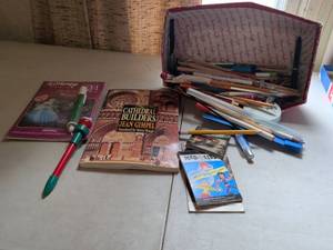 lot 143 image: Art Supplies and Books Lot Disney Princess Pen, Cathedral Builders, Mad Libs, Pencils, Markers, Brushes