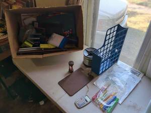 lot 197 image: Mixed Office & School Supply Lot with Calculator, Clipboard, CD Spindle, Markers, Pencils