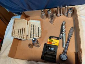 lot 202 image: Mixed Tool Lot Drill Bits Sockets Stanley AccessorySet