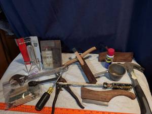 lot 203 image: Hand Tool Lot Schwinn Water Bottle Adjustable Wrench Hammer Saw Pliers